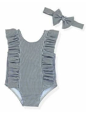 Oklady Baby Girl Bikini Beach Swimsuit Strawberry Print Ruffles Bathing Suit Swimwear with Headband